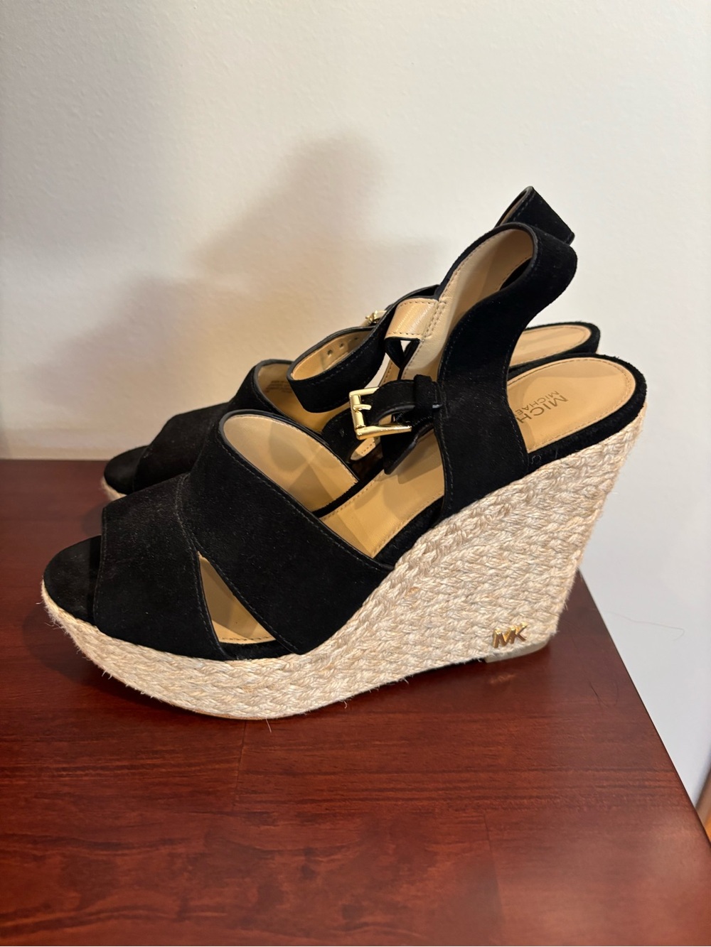 Michael Kors Black Suede Espadrille Wedge Sandals with Gold Buckle